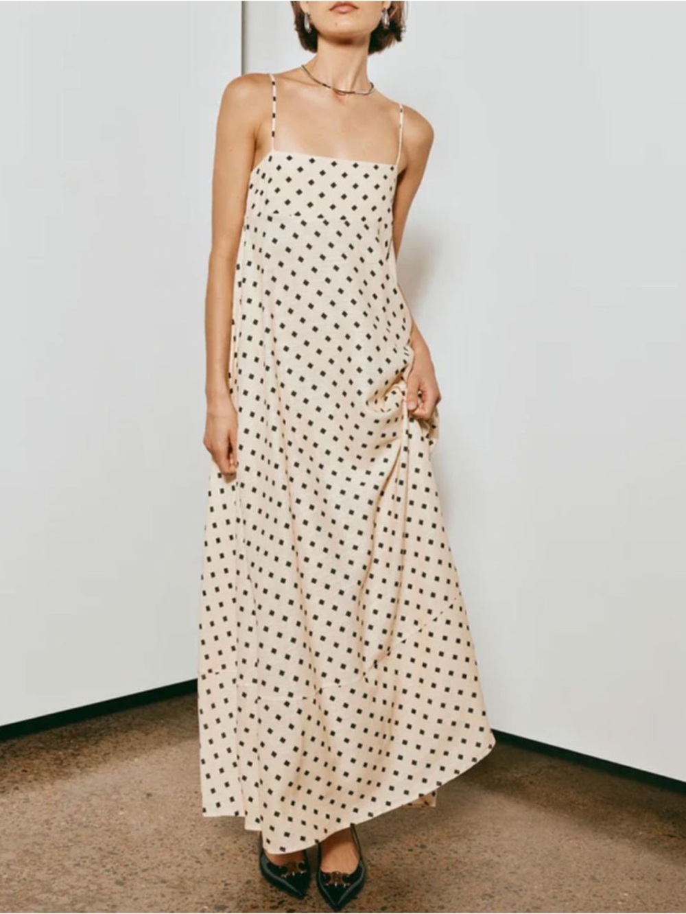 Vrg Grl Bahati Maxi Dress Linen Cotton Smocked Tank Cream Black Print 10